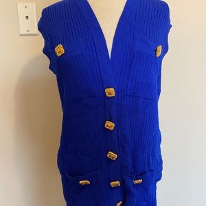 St. John Knit Blue Sweater Vest with Gold Buttons